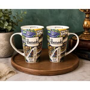 Set of Two 2 Harrods Knightsbridge Bone China London Map Mugs Made In England